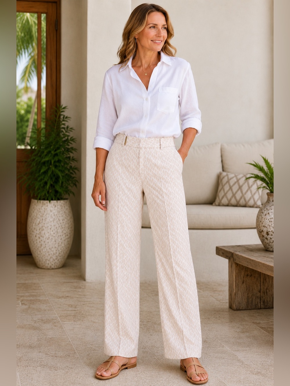 Calvin Klein White Jacquard Straight Leg Pants Size 10 Career Office Classic